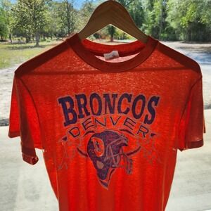 Vintage Denver Broncos Shirt Large Orange Paper Thin Distressed Logo 7 NFL 80s